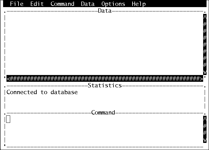 Shown is the dbisqlc window on UNIX. It has a menu bar at the top with six drop-down menus: File, Edit, Command, Window and Help. The window has three sections: Data, Statistics and Command. The Statistics pane shows the example Connected to database.