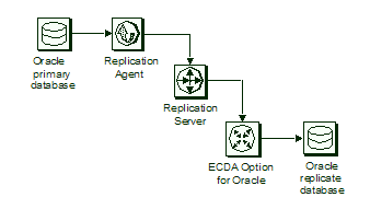 Sybase replication system components: Oracle primary database, Replication Agent, Replication Server, ECDA Option for ODBC, and Oracle replicate database.