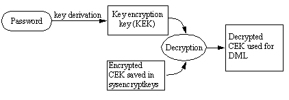 Image shows flow chart describing steps to access a CEK to encrypt or decrypt a command.  The password is checked against the KEK if it passes, the command is decrypted and the CEK is used for the DML (command)