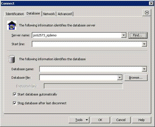 The database tab of the Connect page shows the server name.