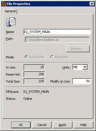 The File Properties page shows how to increase the file size in IQ_SYSTEM_MAIN.