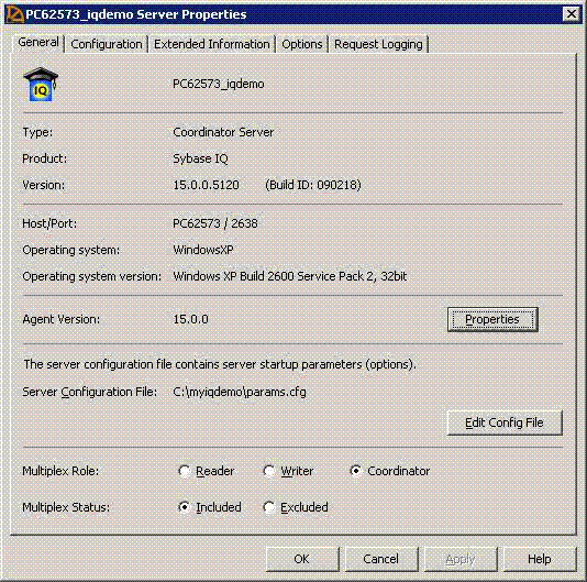 The iqdemo Server Properties screen, General tab, shows general properties. You can confirm the agent port in the folders view using this screen.