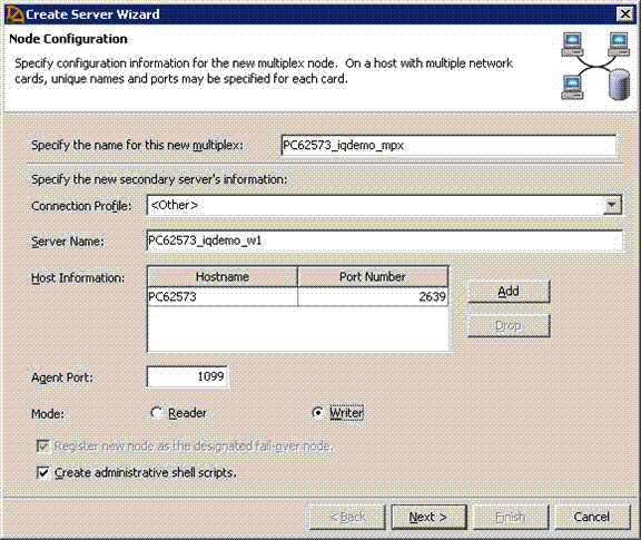 The Create Server Wizard page shows Node Configuration and information about the new multiplex.