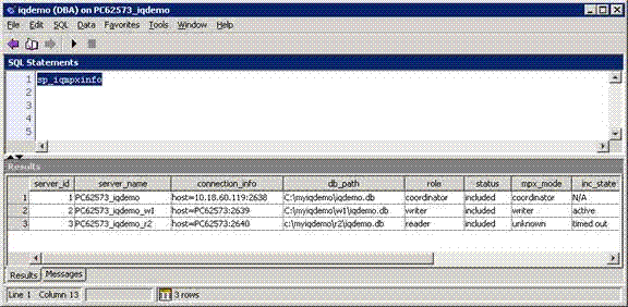 To view the new multiplex configuration for all servers, execute sp_iqmpxinfo, which shows output on the iqdemo (DBA) screen.