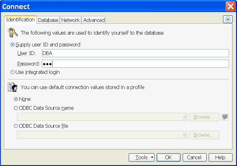 This connect screenshot illlustrates the tabs on the connect page, especially the identification tab.