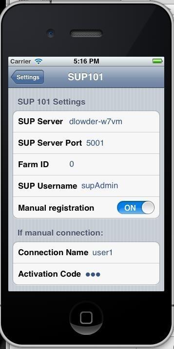 iPhone Simulator - SUP101 Connection Settings