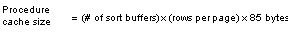 Image consists of two forumulas: Procedure cache size = number of sort buffers times rows per page times 85 bytes.