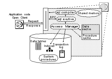 Image showing the interaction between Adaptive Server, with its logs, data tables, shared memory, and so on, and the Open Client’s application code. 