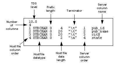 The format of the bcp format file includes the TDS level, number of columns, host file comn order, host file datatype, prefix length, host file data length, terminator, server column order, and server column name.