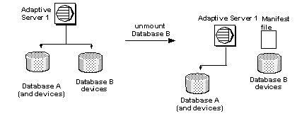 Graphic showing a server connected to two devices. After the unmount occurs, the server is connected to only one device, and there is an entry in the manifest file describing the event.