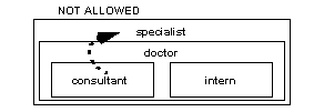 Image shows a large box labled "Specialist" with another box inside labled "doctor" which includes two smaller boxes inside labled "intern" and "consultant." The consultant box has an arrow pointing to the specialist box, and a lable saying "Not Allowed"