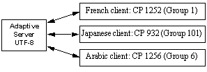 Graphic showing an Adaptive Server configured with the UTF-8 unicode character set connecting to multiple clients, each configured with different languages and character sets