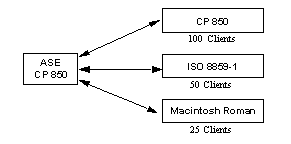 Graphic showing an Adaptive Server using the CP_850 character set connecting to multiple clients, each running a different character set.