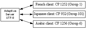 Graphic showing an Adaptive Server configured with the UTF-8 unicode character set connecting to multiple clients, each configured with different languages and character sets