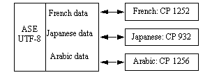 Graphic showing an Adaptive Server configured with the UTF-8 character set, and containing data in a variety of languages connecting to multiple clients, each configured with different languages and character sets
