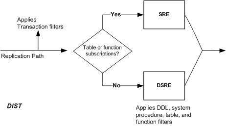 Figure 12-1 shows the evaluation of database replication filters. If the replication path is a table or function subscription, D I S T passes replicated table or function to the Subscription Resolution Engine (S R E). Otherwise, it passes replicated table or function to Database Subscription Resolution Engine (D S R E).