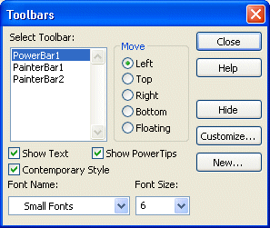 Shown is the Tool bars dialog box.