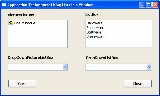The window contains a ListBox control at upper right and a PictureListBox at upper left. The ListBox control contains four items, and the PictureListBox has one