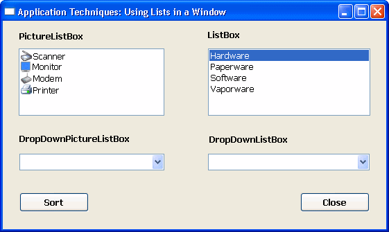 The ListBox control in this screen shows the word hardware highlighted. Items related to hardware appear in the PictureListBox on the left. It displays appropriate pictures next to the words scanner, monitor, modem, and printer.