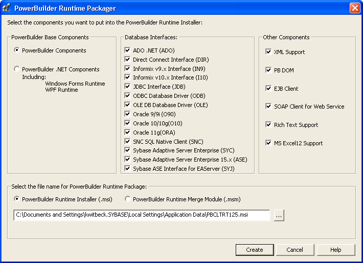 The top of the sample PowerBuilder Runtime Packager dialog box shows the prompt: Please select the components you want to put into P B Runtime Installer. Under the prompt are three areas. The leftmost displays the text PowerBuilder Base Components. The middle area, labeled database interfaces, lists eleven selected check boxes for database interfaces such as d i r and informix i n 9. The rightmost area, labeled other components, shows selected check boxes for x m l support, p b dom, e j b client, and soap client for Web Service. At the bottom is the prompt: Select the file name for Power Builder run time package and a scrollable text display showing the path to the file p b c l t r t 9 0 dot msi.