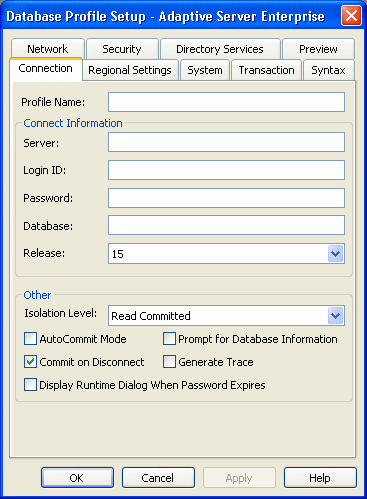 The sample shows the connection page of the Adaptive Server Enterprise dialog box. At top is a box for Profile Name, then a box for Connect Information that groups boxes labeled Server, Login I D, Password, Database, and Release. Release has a drop down list box. At bottom is a box labeled Other that groups a box for Isolation Level , with the entry Read Committed selected from the drop down list, and then check boxes for Auto Commit Mode, Commit on Disconnect, Display Runtime Dialog When Password Expires, Prompt for Database Information, and Generate Trace. Only the Commit on Disconnect check box is selected in the sample.