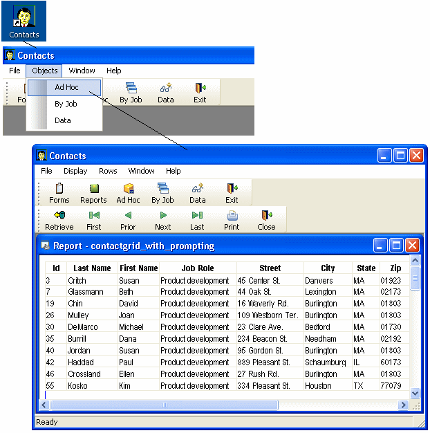 The illustration represents an application called Contacts. At top is a Contacts button that connects to a window titled Contacts. The Contacts window has a menu bar  with an Objects option that displays a drop down menu with options called Ad Hoc, By job, and Data. An icon on  the menu bar is also labeled Ad Hoc, and it connects to a contact window. The contact window displays a report  labeled contact grid _ with _ prompting. The grid has columns for ID, Last Name, First Name, and so on, and a row of data for each contact.