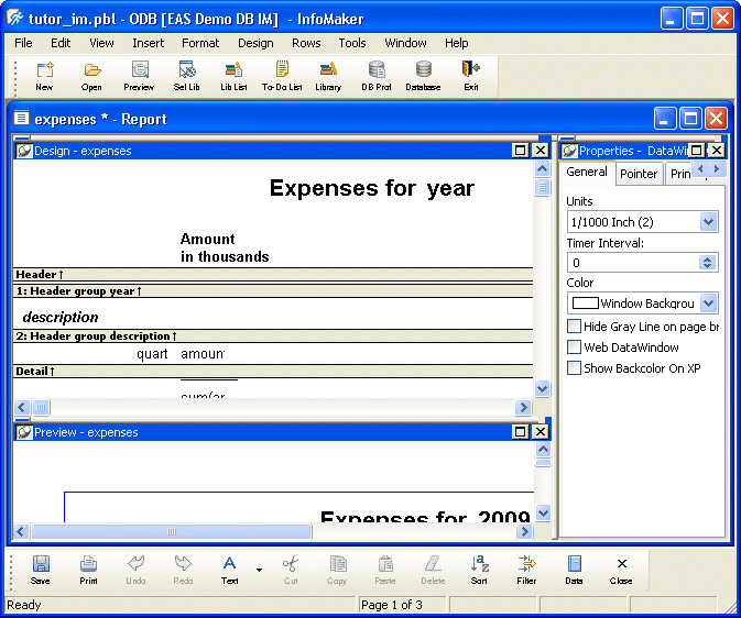 Shown is the Info Maker screen with a view at top left with the title bar Design, a view at bottom left with the title bar Preview, and a view at right with the title bar Properties. Each title bar shows a push pin icon on its left.