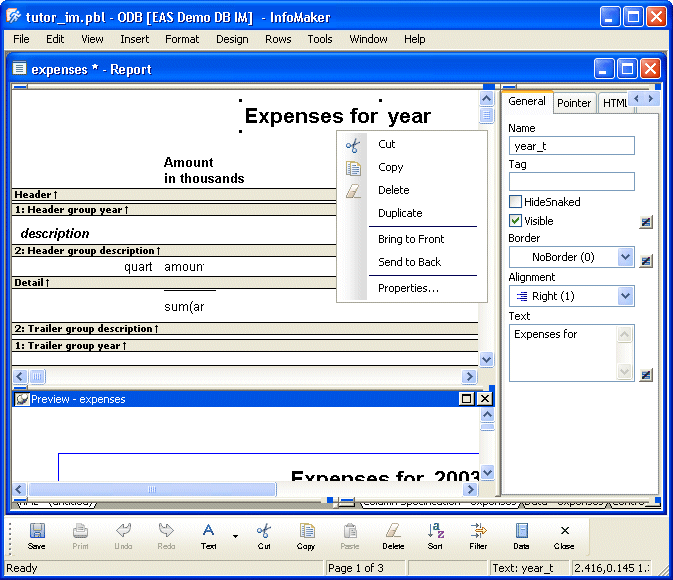 Shown is a pop up menu superimposed on the text "Expenses for." The menu has options for Cut, Copy, Delete, Duplicate, Bring to Front, Send to Back, and Properties.