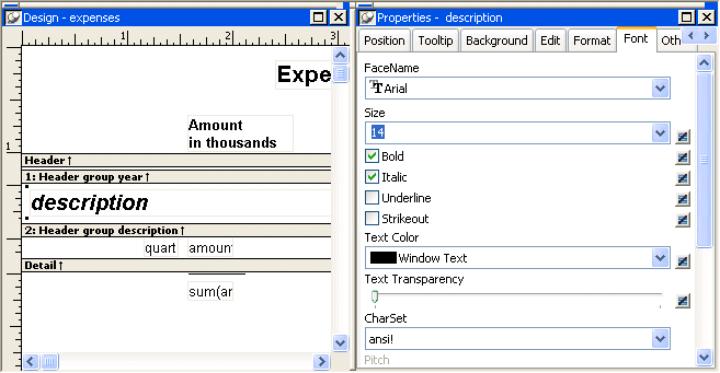 Shown is the Properties view with information for the data column called description. At top left are a header 1 band showing header group year and a header two band showing the header group description circled and in font size 14. At right is the Font tab of the Properties view with the size set to 14. At bottom left is a preview of the description with the word Administration circled and shown in size 14 type.