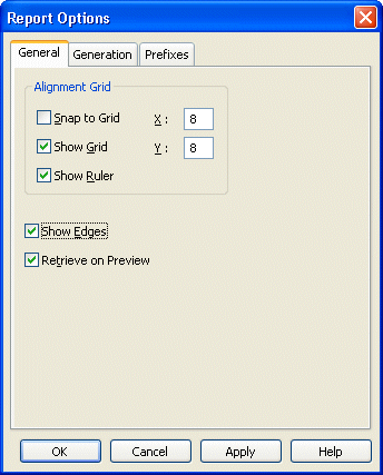 Shown is the General tab page of the Report Options property sheet. At top is a group box labeled Alignment Grid with a cleared check box for Snap to Grid, selected check boxes for Show Grid and Show Ruler, and text boxes labeled  X and Y with the entry 8 displayed in each. Next are selected check boxes labeled Show Edges and Retrieve on Preview.