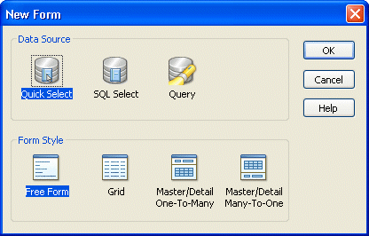 Shown is the New Form dialog box . A group box at top is labeled Data Source and has icons labeled Quick Select, sequel Select, and Query. At bottom is a group box labeled Form Style with icons labeled Free Form, Grid, Master / Detail One To Many, and Master / Detail Many To One.