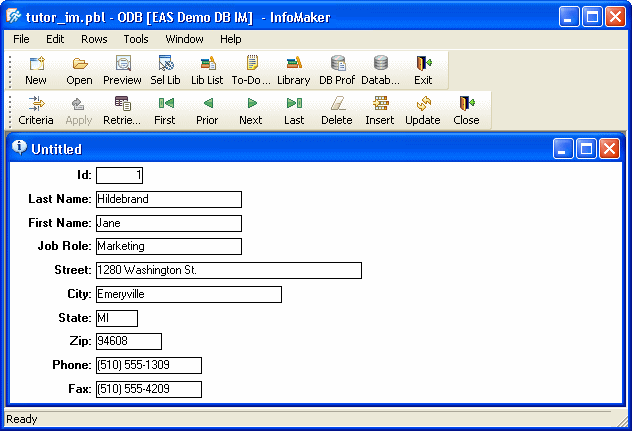 Shown is a form with a series of labeled text fields for items such as ID, Last Name, First Name, and Job Role. Within the fields, actual data such as first and last name, job role and address is displayed for a contact. 