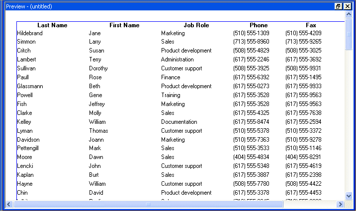 Shown is the maximized Preview view, which fills the screen. It includes headers for last name, first name, job role, phone, and fax and displays rows of actual data from the database. 