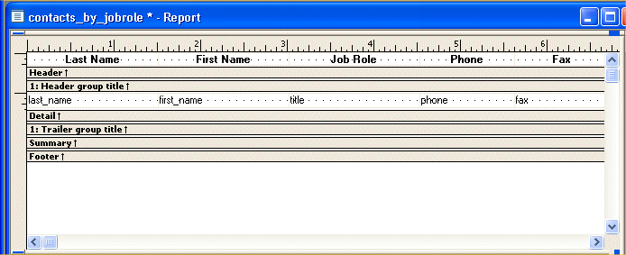 Shown is the  Design view for contacts _ by _ job role.  The text for the column headers is displayed across the top in the Header band, including Last Name, First Name, and so on. Next is a Header group title, then the Detail band, where the names of the columns appear in the positions where the data values will be displayed. Below this are a Trailer group title band and Summary and Footer bands.