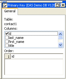 Shown is the Primary Key property sheet in the Object Details view. It displays the Table name contact 1 at the top, then a scrollable list of columns with check boxes you can select, and below that a box for displaying the Order of the selected columns. In this property sheet, the ID column checkbox is selected.