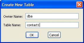 Shown is the Create New Table dialog box. It has a box for Owner Name with the entry d b a and a box for Table Name with the entry contact 1.