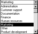 Shown is a sample drop down list box. At the top is a text box displaying the selection Marketing and a down arrow. Underneath the text box is a scrollable drop down list of choices, and Marketing is the selection highlighted in the list.