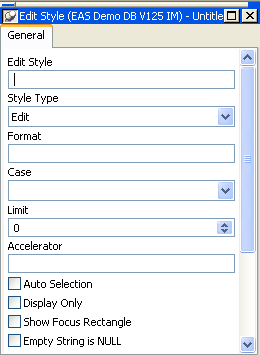 Shown is the Edit Style dialog box. It has a Name text box and Style drop down at the top, then an options group box with boxes for Limit, Case,  Accelerator, and Format, and many check boxes for various options.