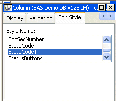 Shown is the Edit Style tab of the Column Properties view. It shows a drop down list of available Style Names such as Status Buttons, with the State Code 1 style highlighted.