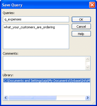 Shown is the Save Query dialog box with the entry q _ expenses in the Queries box at the top.