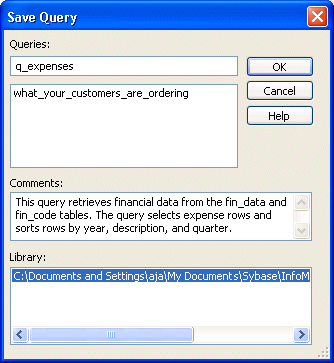 Shown is the Save Query dialog box with the entry q _ expenses in the Queries box at the top and an entry in the Comments box matching the comments text you were instructed to enter in this step of the lesson.