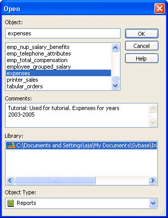 Shown is the Open dialog box. At top is the Objects box with the entry expenses. Next is a scrollable list of reports with a rectangle around the highlighted entry expenses. At bottom is the Object Type drop down with the entry Reports. 