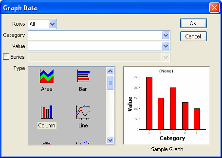 Shown is the Graph Data dialog box. It has drop downs for Rows, Category, Value, and Series, a box at bottom left with icons for the graph types, and a sample graph box on the right that displays a sample for each type as it is selected.