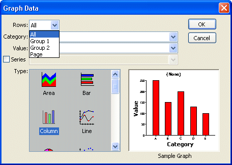 Shown is the Graph Data dialog box with the Rows drop down list showing row choices All, Group 1, and Group 2 in a scrollable list.