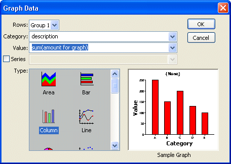 Shown is the Graph Data dialog box with the entry sum ( amount for graph ) highlighted in the Value drop down.