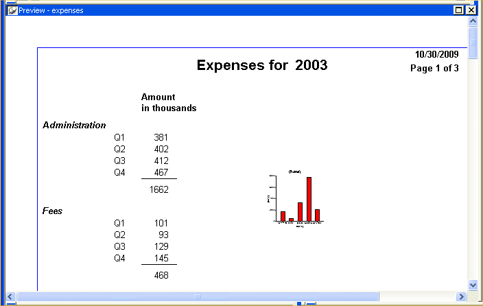 Shown is the Preview view of the expense report with data retrieved from the database shown both in the report at left and in the bar graph on the right.