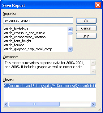 Shown is the Save Report dialog box. At top is the Report box with the entry expenses graph. The comments box displays the text you entered in this step of the lesson.