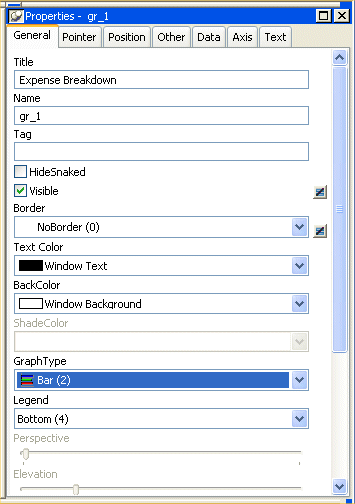 Shown is the General page of the Properties view with all the properties of the graph. In the Graph Type drop down, the entry shown is Bar ( 2 ).