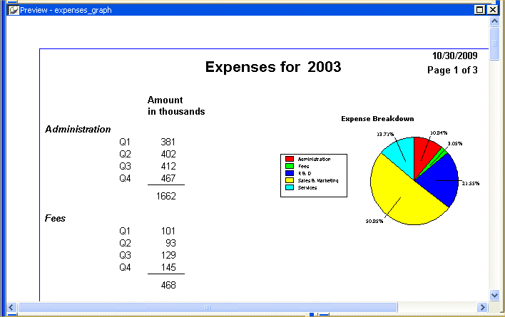 Shown is a completed report with the title Expenses for 1995, data on the left, and a nested pie chart on the right.