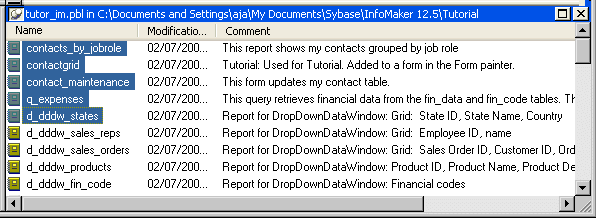 Shown is the  list view with columns labeled Name,  Modification, and Comment. Forms, queries, reports, and pipelines for the current library are listed. Five objects selected in this step of the lesson are highlighted.